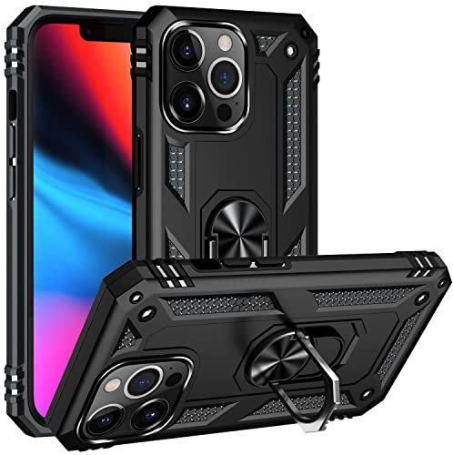 Fetrim Custodia per iPhone 13 PRO, Cover PC TPU Cassa Shell Supporto di Anello Rotante Case per Apple iPhone 13 PRO Nero