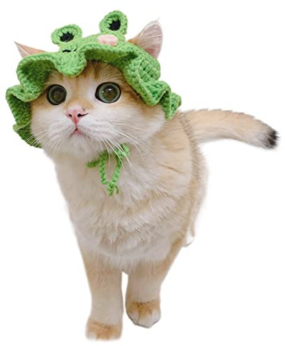 Haustier-Kopfbedeckung, Katzen-Strick, Sonnenhut, Cosplay-Mütze, niedliche Kopfbedeckung mit Ohrloch für Foto-Dekoration, Frosch M (geeignet für erwachsene Katzen)