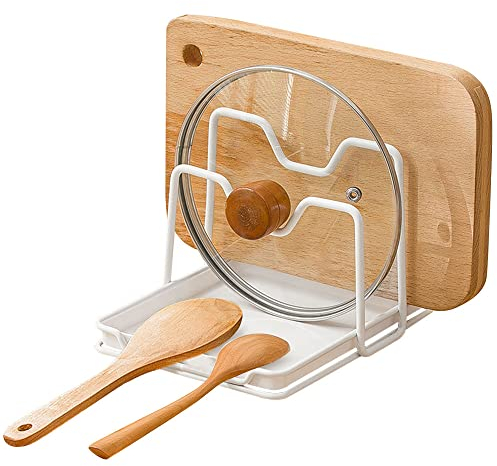 poeland Topfdeckelhalter, 2 Schichten Topfdeckel-Organizer, multifunktionaler Deckel und Löffelablage, mit Abtropfschale für Topfdeckel, Spatel, Löffel, Schneidebretter