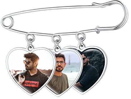 Broche Photo Personnalisé 3 Charms Coeur pour Bouquet de Mariage Breloque et Pin Mariée Personnalisable Médaillon Commémoratif Bijoux pour Homme Costume Charme a Epingle Acier