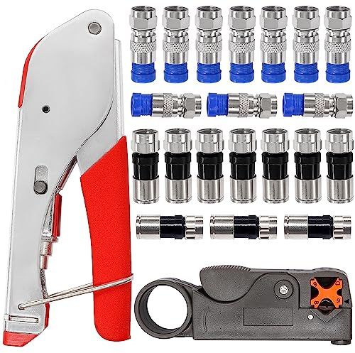 Taiss Kit de herramientas de crimpado de cable coaxial con 20 conectores de compresión estilo F RG59 RG6, pelacables coaxiales, kit de herramientas de compresión de cable coaxial, crimpadora de cable