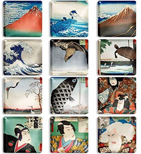 Berkin Arts 12Pcs Cute Square Crystal Glass Strong Magnetic Refrigerator Magnet Fridge Sticker Ukiyo-e The Great Wave Japanese Collection Katsushika Hokusai Series