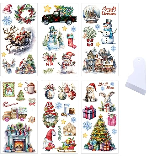 6 Blatt Weihnachten Aufkleber Rub On Transfer Aufkleber Vintage Weihnachtsbaum Schneemann Gnome Schneeflocke Ästhetische Dekoration Transparente Weihnachten Sticker für Möbel Scrapbook Fenster