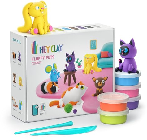 HEY CLAY - 15 Dosen lufttrocknende Knete für Kinder ab 3 Jahren - Kreatives Bastelset - Modelliermasse lufttrocknend Knete ab 3 Jahre (Flauschige Tiere)
