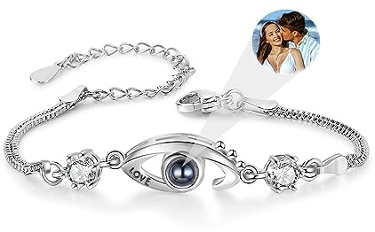 Jeweidea Armband mit Foto Projektion Personalisiertes Armband mit Bild Gravur Silberanhänger mit Bild im Inneren Für Mutter Freundin Frau Geburtstag Schmuck