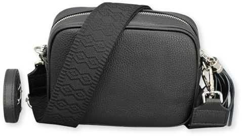 Brise Art Umhängetasche Damen Echtleder KIRA Silber Handgemachte Crossbody Bag Schultertasche mit Ledergurt + Optionalen Breiten Gemusterten Riemen Verstellbarer Gurt Made in Italy (Schwarz - 5)