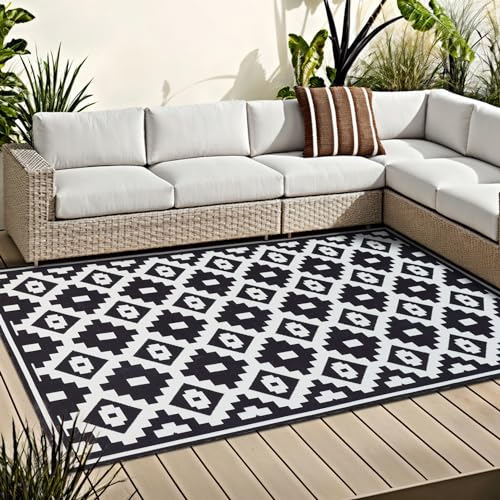 OMERAI Teppich Wohnzimmer Waschbarer In-& Outdoor Teppich Wetterfest 150X240CM Schwarz-Weiß Modern Balkon Teppich Schlafzimmer Teppich Weich Teppich rutschfest Camping Matte
