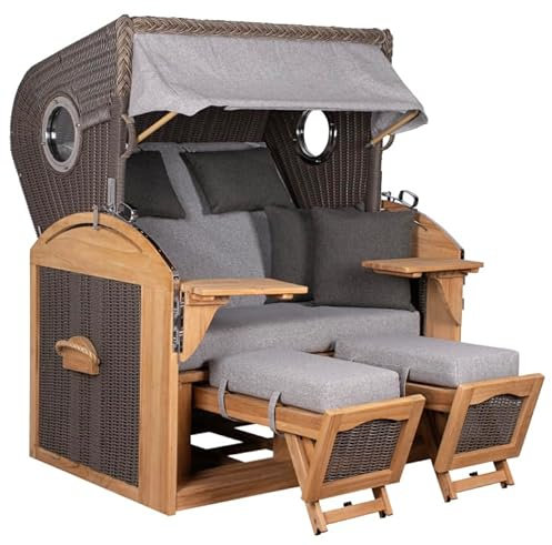 MR. DEKO Strandkorb Schillig Teak, Volllieger Strandstuhl Liegestuhl, PE Geflecht Grey, Teakholz, Bullauge, inkl. 4 Kissen, Wechselpolster Strandkörbe für Garten, Terrassen (Dessin 570)