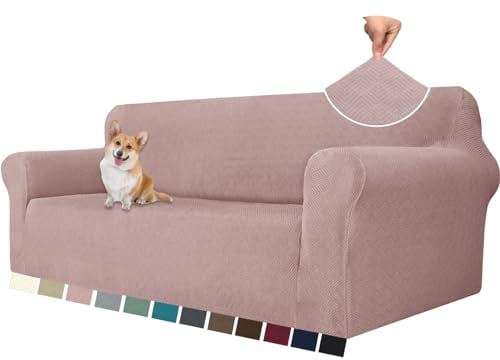 YSTELLAA Stretch Sofa Überzug 3 Sitzer, Sofaschoner rutschfest Mit Armlehne, Universal Jacquard Sofabezug, Dicke Sofabezug Für Hunde Katzen Und Haustiere, Waschbare Sofa Cover, Grau Rosa
