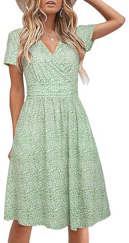 STYLEWORD Damen Sommerkleid Kurzarm V-Ausschnitt Kleider Blumenmuster Kleid Strandkleid Mit Taschen(Floral27,klein)