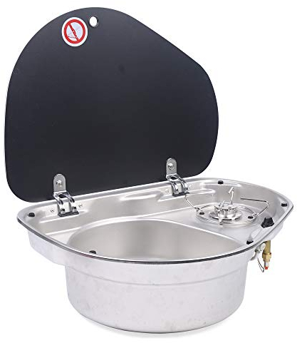 Cuisinière à gaz, Bateau RV Caravane cuisinière à gaz GPL évier cuisinière à gaz cuisinière à gaz cuisinière à gaz avec évier Gauche en Acier Inoxydable 304, couvercles en Verre (20 Pouces)