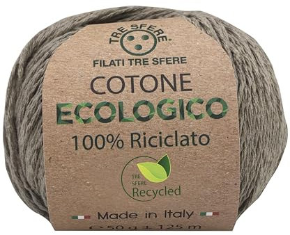 gomitolo di cotone ecologico 100% riciclato - 80% cotone e 20% poliestere,50g/125m ideale per amigurumi e piastrelle granny (tortora - 44)