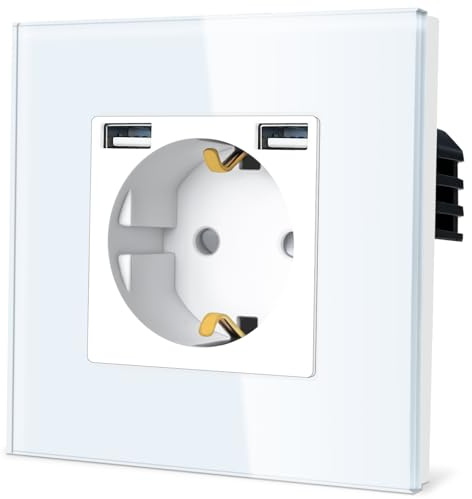 TAWOIA Schuko Steckdose mit USB(MAX 2,4A),EU-Standard 1 Fach Steckdosen mit Kristall Glas Platte Wandsteckdosen Weiß 86 * 86mm