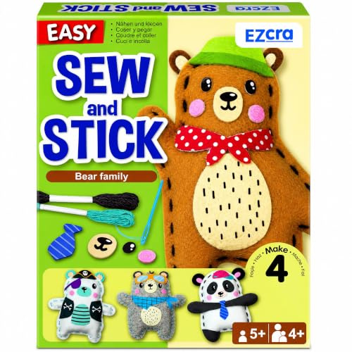 EZCRA Bear Sewing Kit for Kids Ages 4-8 - 4 Beginner Felt Craft Projects | 4 Bear Felt Sewing Projects with Stickers and Tools Included. Mess-Free DIY Craft for Girls and Boys Ages 4-8. Birthday Gift.