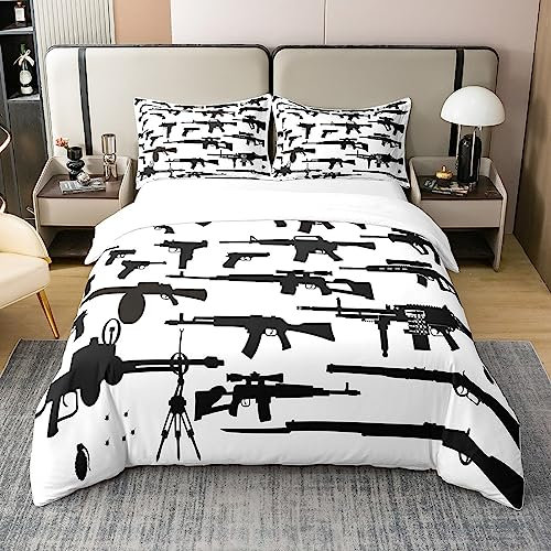 Loussiesd Guns Bettbezug Set 100% Baumwolle Criminal Rifle Shofle Bettwäsche Set 135x200cm Jungs 3D Guns Drucken Bettwäsche Set Old and Modern Bettwäsche-Set with 1 Kissenbezug Bettwäsche 135x200cm