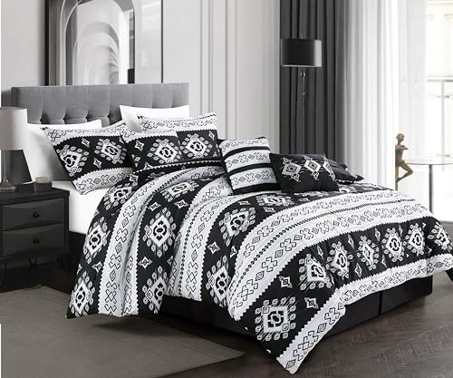 Chezmoi Collection Indie 7-teiliges Southwestern Azteken-Bettwäsche-Set, schwarz-weiß, geometrische Symbole, bedruckt, gewaschene Mikrofaser, Queen-Size-Bett