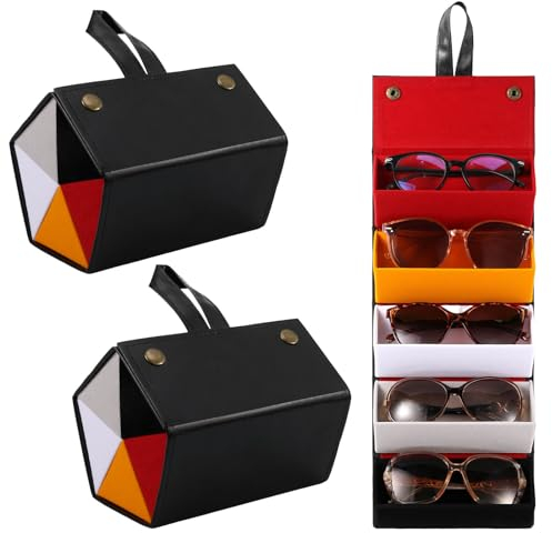 Lvefyti 2 Stück Brillenorganizer,Reisen Sonnenbrillen Aufbewahrung Organizer mit 5 Fach,Faltbar Brillenhalter zur Aufbewahrung von 5 Brillen,Tragbar Leder Brillenetui für Damen Herren