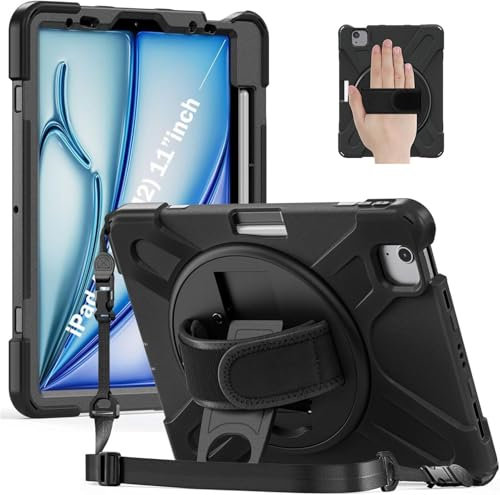 zenrich Coque Antichoc pour iPad Air 11 Pouces (M3/M2) 2025/2024 und iPad Air 4/5 (10,9 Pouces), Étui de Protection Robuste Silicone avec Béquille Rotative, Dragonne, Bandoulière et Porte-Crayon-Noir