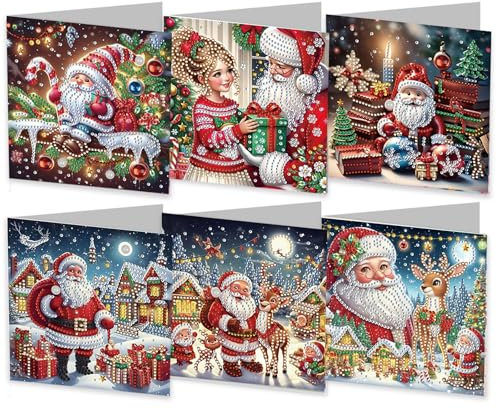 Embhlitfe 6 Stück Diamant Malerei Weihnachtskarten,Diamant Malerei Weihnachts Grußkarten Weihnachtsmann Grußkarte,DIY 5d Diamond Painting Grußkarten Weihnachten Karten für Freunde Familie
