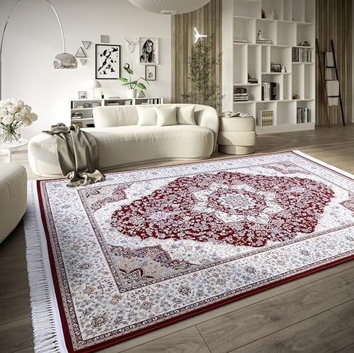 Villeroy & Boch Kurzflor Teppich Etienne - Orientalischer Wohnzimmerteppich - Dicht gewebt mit Fransen - Klassischer Teppich für Wohnzimmer, Schlafzimmer, Esszimmer, Flur – Rot Creme, 190x285cm