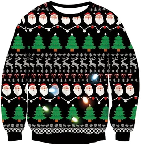 Dancinova Men Women Christmas Jumper LED Light Up Knitted Xmas Sweaters Print Ugly Xmas Jumper Pollover Black L