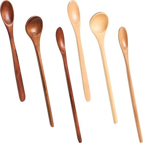 6Pcs Honey Spoon Tea Spoon 6 Brown & Yellow Wooden Teaspoons for Honey Coffee Tea Sugar Kitchen Home Office, 3 Styles