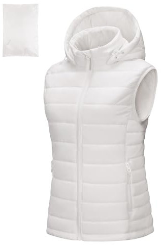 Outdoor Ventures Womens Puffer Gilet with Hood Packable Quilted Vest Padded Outwear Vest Bodywarmer Ladies Windproof Sleeveless Jacket for Golf Hiking Cycling Cream XL