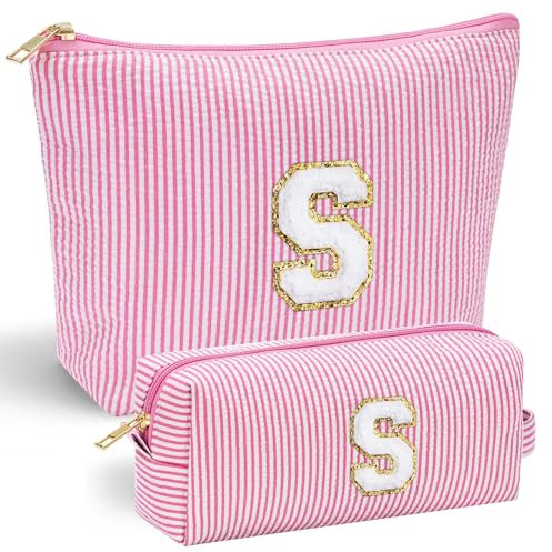 Parima Geschenke für Mädchen - Personalisierte Kosmetiktasche Damen Schminktasche Set Schminktasche Damen Frauen Teenager Mädchen Kinder Rosa Kosmetiktasche mit Buchstaben S