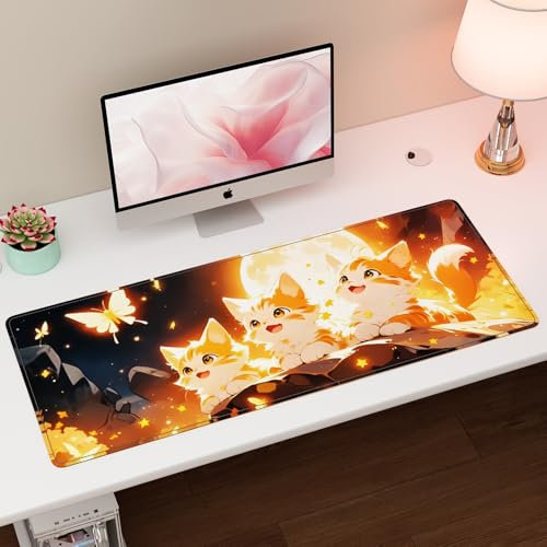 Kaishuai Tapis de Bureau XXL,Tapis de Bureau Motif Chat de la Mignon, 80x30cm Tapis de Souris décoratif,avec Bords Cousus Tapis de Souris