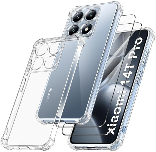 FLLAO 3 en 1 Funda para Xiaomi 14T Pro con 2 Protector Pantalla, [Almohadilla de Aire integrada] Antigolpes Antiarañazos TPU Suave Carcasa, Transparencia