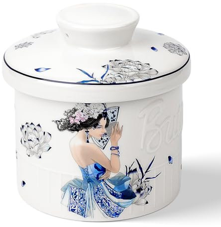 Toptier Butter Crock for Counter With Water Line, On Demand Spreadable Butter, Ceramic Butter Keeper to Leave On Counter, French Butter Dish with Lid, (Blue and White Beauty)