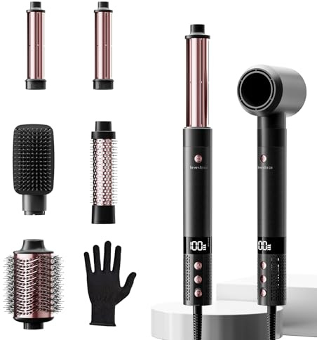 Hairstyler 6 In 1 Airstyler Haarstyler mit Rundbürstenföhn, Airflow Lockenstab Automatisch, Volumen Föhnbürste, Haartrockner, 110000RMP, 1400W Airwrap für Locken, Volumen, Glätten, Trocknen, Rose Gold
