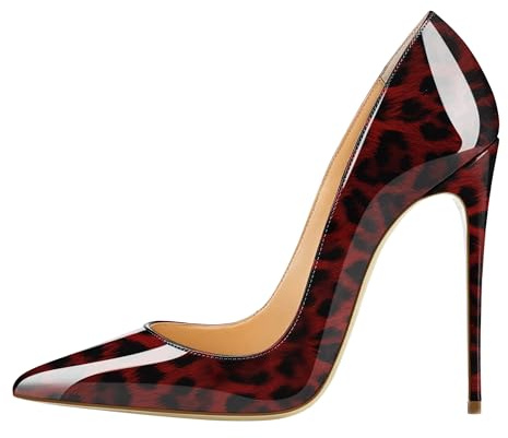 EDEFS Escarpins Confort Intégral Talon Stiletto 12 cm à Enfiler Cuir Verni Bout Pointu Fermé pour Fêtes Sexy Léopard Rouge EU44