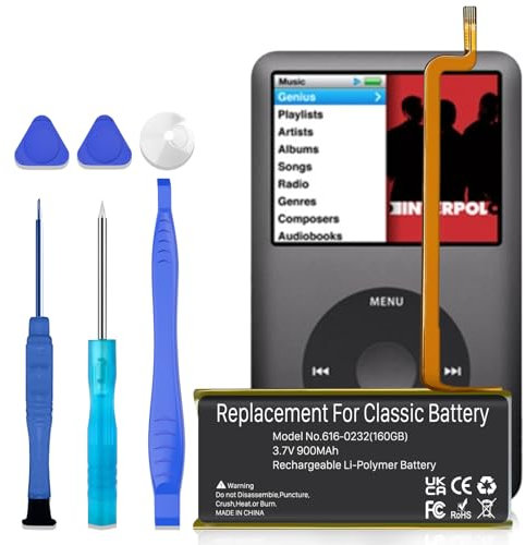 616-0232 Battery, 900 mAh Replacement Battery with High Capacity Compatible with iPod 5th - 7th Generation Video Classic A1136 A1238 6th 80GB 6.5th 120GB 7th 160GB 5th 30GB with Repair Tool Kits