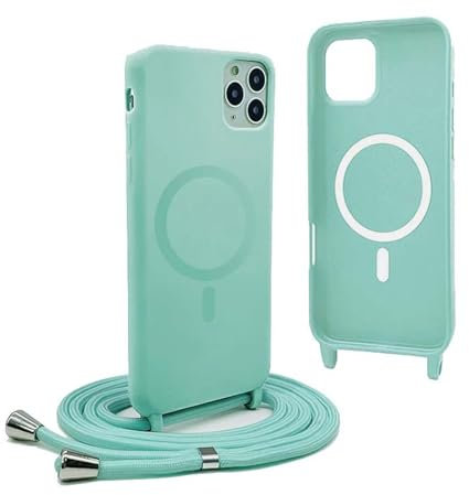 Magnetic Cover for iPhone 11 Pro Max with Lanyard, Compatible with MagSafe, Silicone Case with Adjustable Neck Strap Nylon Chain Necklace Strap – Mint Green