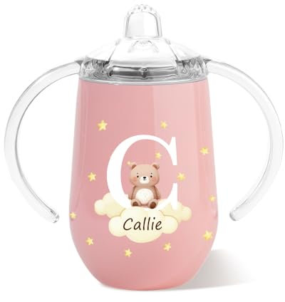 callie Tasse à bec personnalisée, Bouteille Isotherme 295ml avec Couvercle et Poignées Personnalisée d'Initiale et Nom à Motif d'Animaux de Forêt Cadeau Anniversaire pour Bébé Enfant