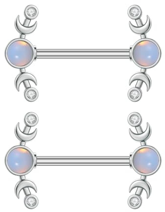 IMINI 14G Opal & Crystal Nipple Barbells Tongue Ring - Hypoallergenic Stainless Steel Body Piercing Jewellery for Women, Crescent Moon & Heart Designs