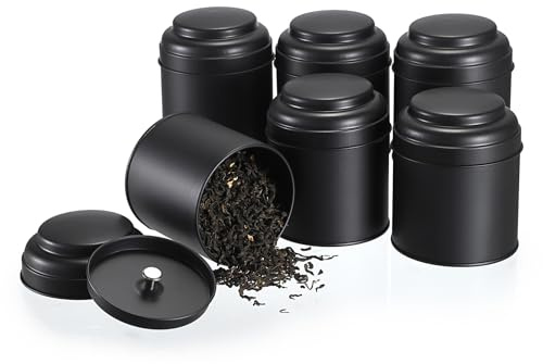 IGNPION Pack of 6 Loose Leaf Tea Tin Container 8oz Metal Nut Storage Jars Airtight Canisters Storage Kitchen Spice Containers storage Jars, Food Storage Container Tin for Coffee, Biscuits, Suga,Black