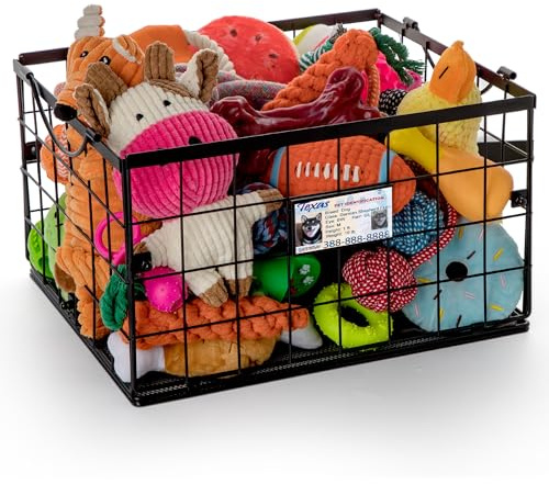 Mlanka Dog Toy Basket, Dog Toy Storage Bin for Pet, Medium Toy Box for Dogs, Metal Storage Box with Handles, Toy Organizer Holder Boxes for Living Room (Black)