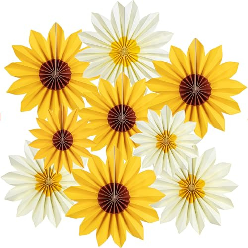 Tivleed Sunflower & Daisy Party Decorations – 9PCS Yellow & White Paper Flowers Wall Decorations&Hanging Fans – Spring Summer Garden Theme for Birthdays, Baby Showers, Weddings, Afternoon Tea – Durabl