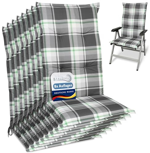 Beautissu 8er Set Hochlehner Auflagen für Gartenstühle Polster Mintgrün | 120x50cm 6cm dicke Polsterauflage Kariert bequem rutschfest UV-Lichtecht Stuhlkissen Sitzauflage Stuhlauflagen Sunny MK