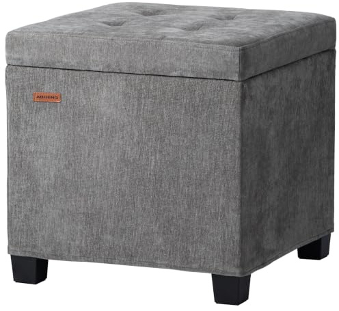 ABHENG Bezug aus Chenille, Stahlgestell Sitzhocker Hocker mit 48 Liter Stauraum, Sitzwürfel 45 x 45 x 45 cm, Fußhocker Mit 4 Holzbeinen bis 330 kg belastbar Grau ASND641G