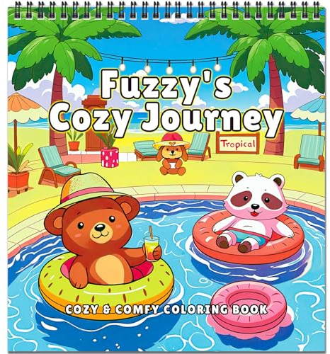 FUNLAVIE Malbuch für Erwachsene zur Entspannung mit niedlichen Tieren auf Reisen, Einfaches Malbuch für Teenager gegen Stress & für Achtsamkeit, Spiralbindung - Fuzzys Gemütliche Reise