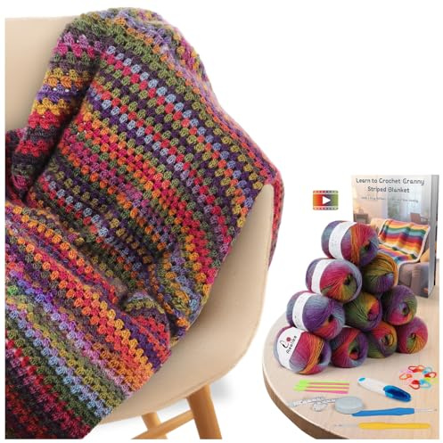 Aeelike Häkeldecken-Set für Anfänger und Erwachsene – Starter-Häkelset mit Schritt-für-Schritt-Video-Tutorials & weichem Ombre-Garn zum Häkeln von Granny-Streifendecke – Farbverlauf, mehrfarbig