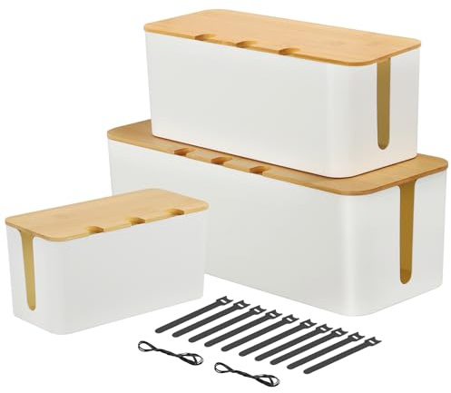 Cable Tidy Box 3 Pack Larger Desk Wire Organizer Box Cable Management Box Hiding Messy Cable Surface Wiring Power Strip Cord Management Storage Tray with Lid Lead Cover Box Large, Medium, Small -White