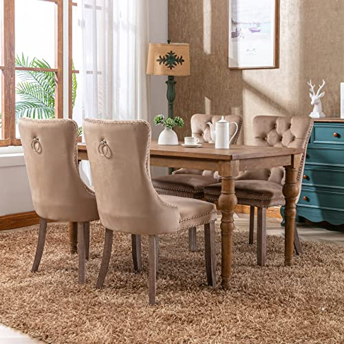 FINTHOMING Esszimmerstühle 4er Set, Küchenstühle 4er Set, Tufted Hoher Rücken Stühle, Samt Weich Gepolstert Essstuhl mit Holzbeinen, Nieten Dekoration, Belastbarkeit 130kg