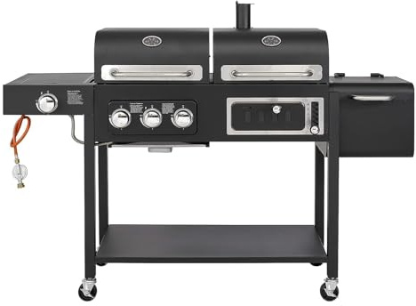 Hybrid Dual Fuel Barbecue, 4 Burner Gas Grill & Charcoal Smoker, 168x64x122cm Stainless Steel Portable Large Coal Barbecue for Garden Parties, with Built-in Thermometer, Warming Rack (black)