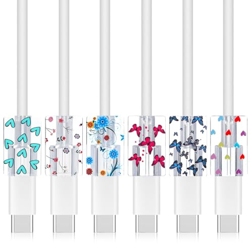 Matwsec 6 Pcs Cute Cord Protector for Chargers, Transparent Cable Protectors for Phone Type-C Charger, Flower/Butterfly/Heart Charging Head Protector, USB Charger Saver