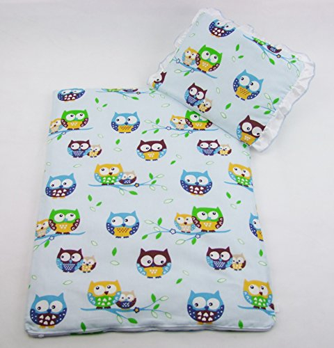 Rawstyle 4 TLG. Set Bezug für Kinderwagen *EULEN-Motiv* Garnitur Bettwäsche Decke + Kissen + Füllung (Heulen Hellblau)
