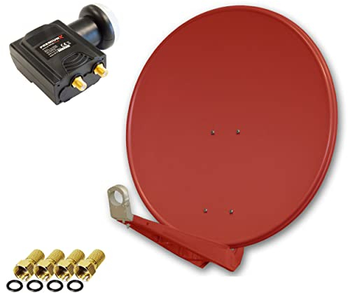 PremiumX DELUXE80 Satellitenantenne 80 cm Aluminium in Ziegelrot Offset Antenne HDTV 3D 4K Deluxe Twin LNB Sat für 2 Teilnehmer Digital Signalumsetzer DVB-S2 HD UHD 4K